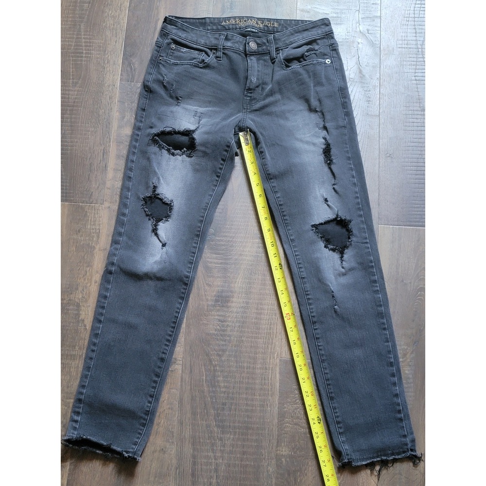 American‎ Eagle Distressed Black Wash Denim Cropped Jeans Extreme Flex 4 29x30